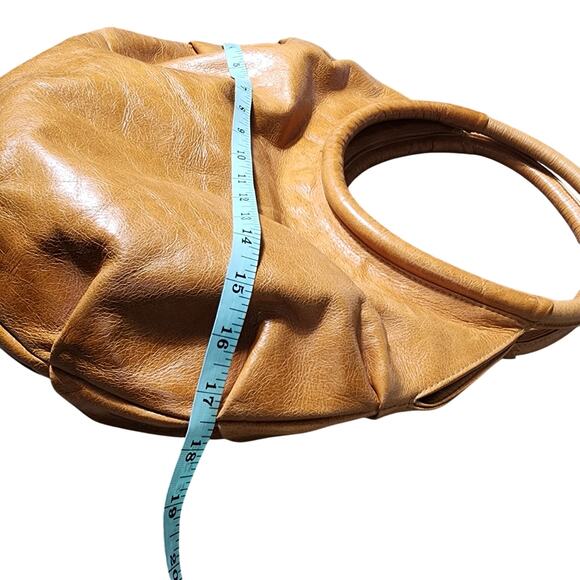 Rare HTF Zina Eva Pleated Camel Tan Leather Circle Shoulder Bag Purse EUC Boho - Picture 10 of 12